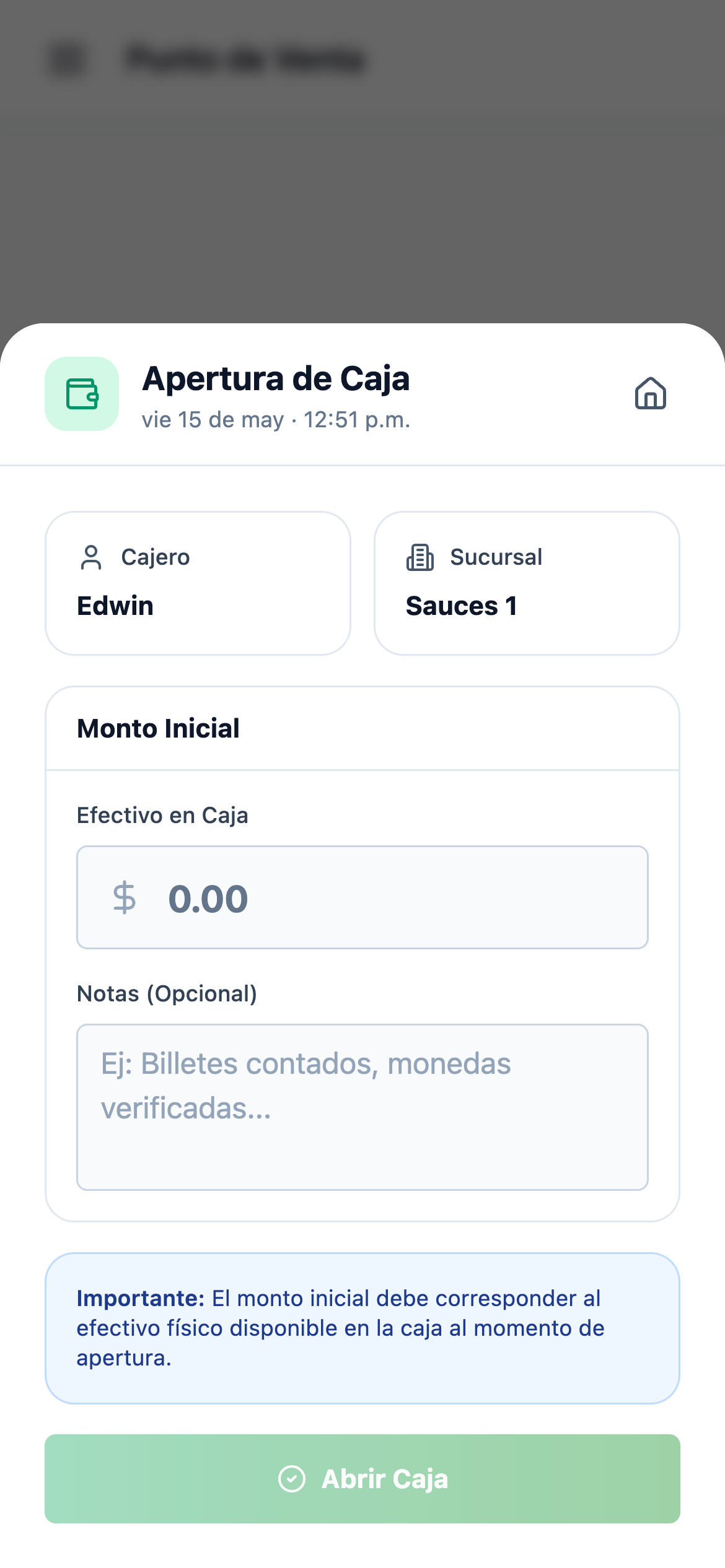 Pantalla de apertura de caja