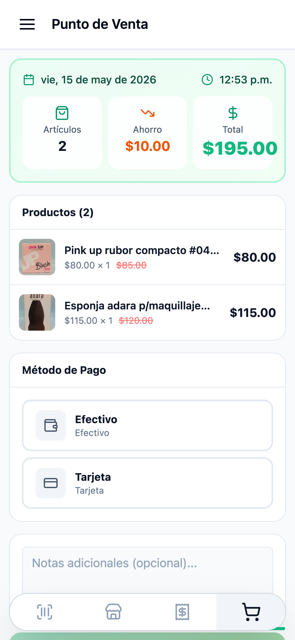 Punto de venta con productos y método de pago